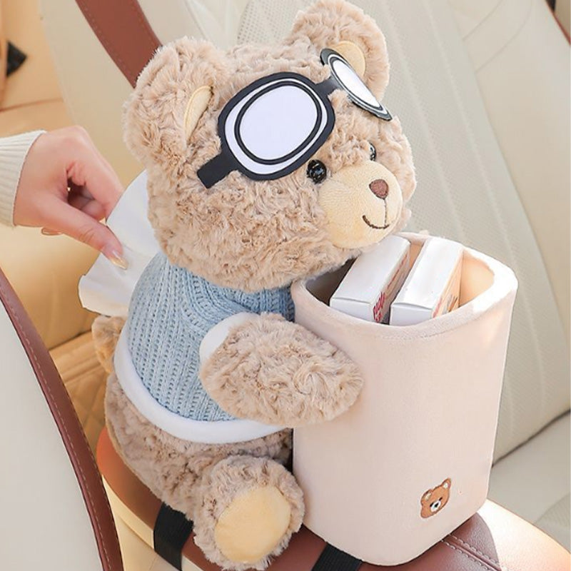 Cute Bear Plush Car Tissue Holder & Storage Bin