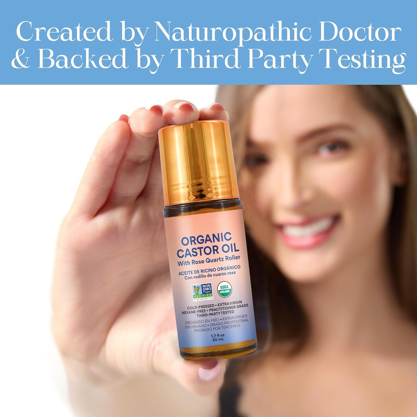 🏆#1 Best Seller ⏰Organic Golden Castor Oil Roll-On with Rose Quartz