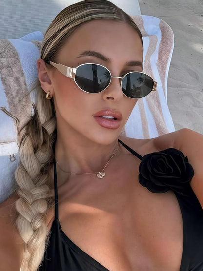 Women's metal-framed oval fashion sunglasses, suitable for daily wear