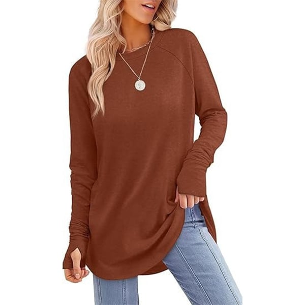 Womens Tunic Tops to Wear with Leggings Long Sleeve Thumb Hole Shirts Crew Neck Curved Hem(BUY 2 FREE SHIPPING)