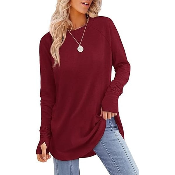 Womens Tunic Tops to Wear with Leggings Long Sleeve Thumb Hole Shirts Crew Neck Curved Hem(BUY 2 FREE SHIPPING)