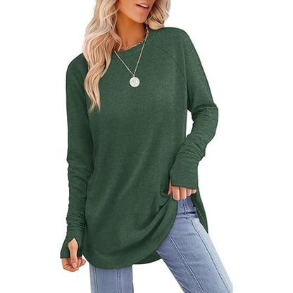 Womens Tunic Tops to Wear with Leggings Long Sleeve Thumb Hole Shirts Crew Neck Curved Hem(BUY 2 FREE SHIPPING)