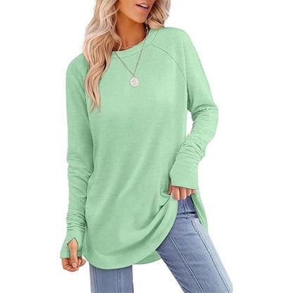 Womens Tunic Tops to Wear with Leggings Long Sleeve Thumb Hole Shirts Crew Neck Curved Hem(BUY 2 FREE SHIPPING)